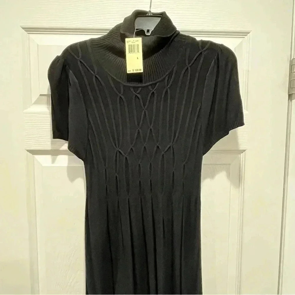 Max Edition Black Maxi Sweater Dress textured chest, short sleeve w turtleneck